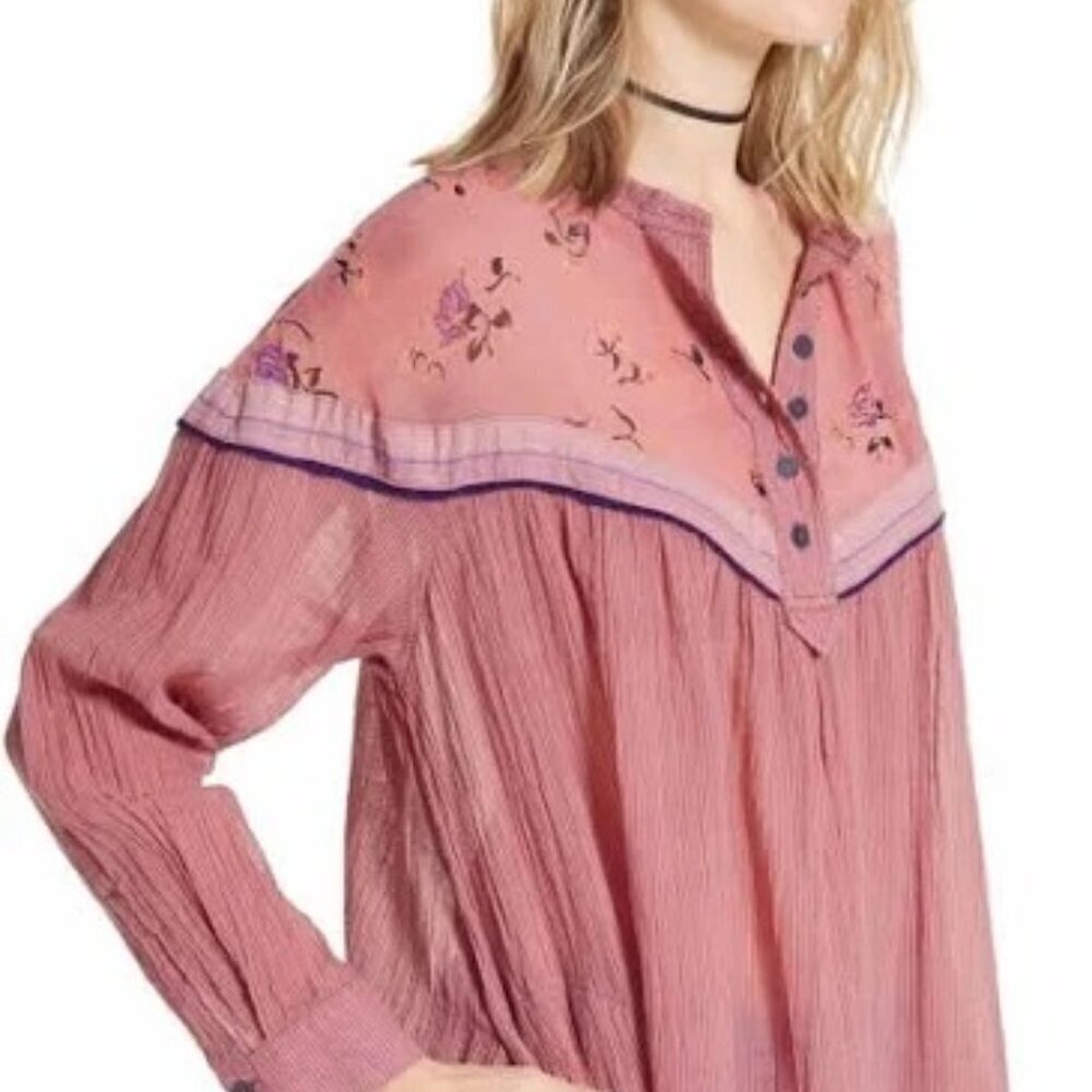FREE PEOPLE Hearts and Colors Tunic Top Sz M Floral Sheer Long Sleeve Oversized